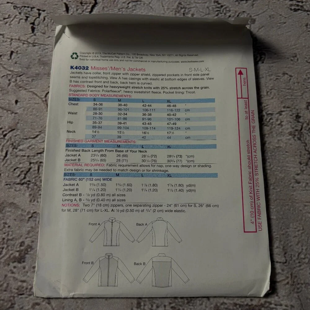 Kwik Sew Pattern K4032 for UnisexZip Front Jacket